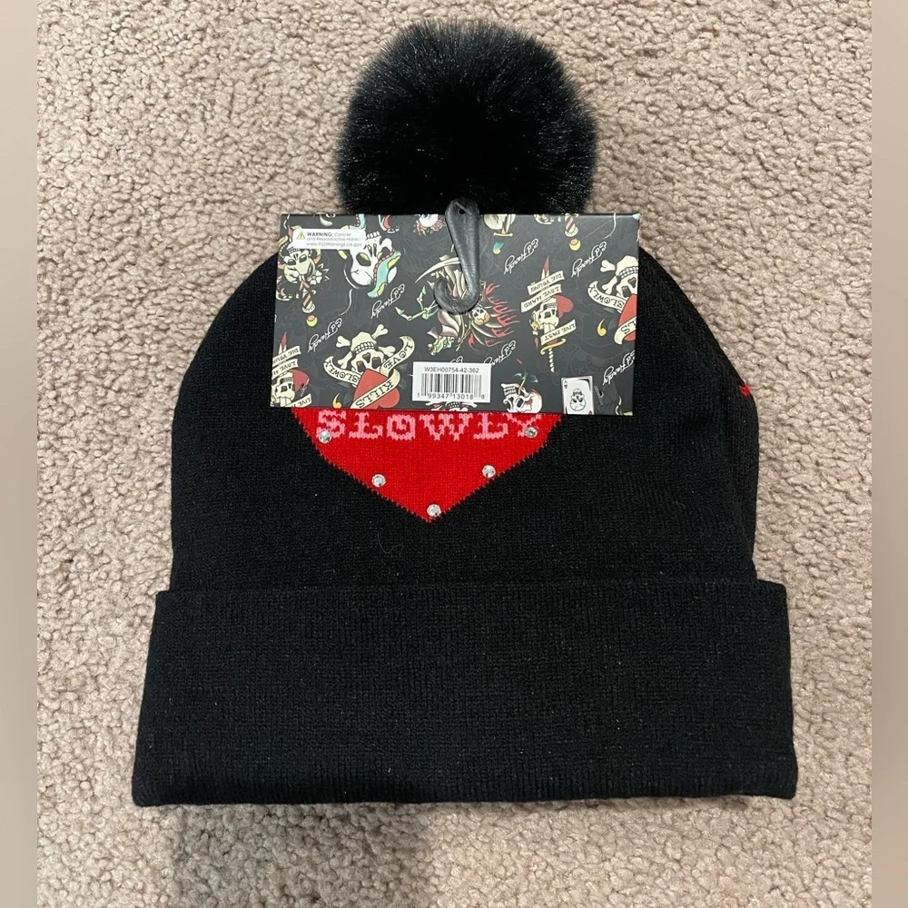 2pcs ED HARDY Unisex Black Faux Fur Beanie One Size